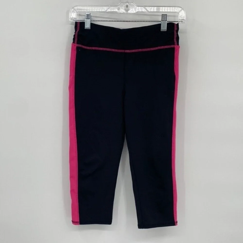 New Balance Black Crop Capri Leggings Pink Stripe Girls XL 14-16